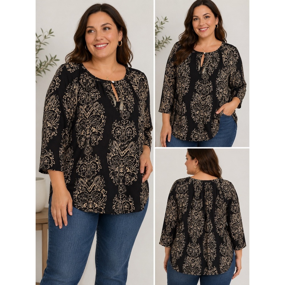 Lucky Brand 2X Black Cream Floral Boho Tunic Top 3/4 Sleeve Keyhole Plus Size